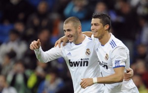 Real Madrid's Benzema celebrates his goal with teammate Ronaldo during their Spanish King's Cup soccer match at Santiago Bernabeu stadium in Madrid