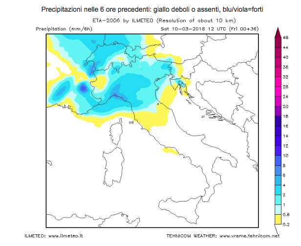 pioggia prevista sabato 10 marzo 2018