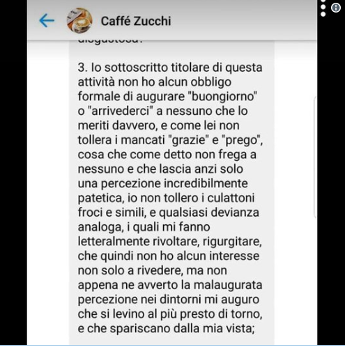 Caffé Zucchi a Monza, fa recensione negativa su Google, gestore lo rintraccia e lo insulta: “Non tollero culattoni e froci”