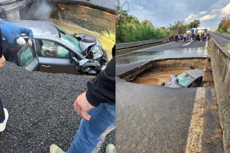 Voragine inghiotte un'auto: automobilista in salvo a Lamezia Terme