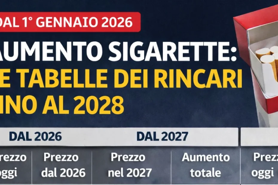 Dal 1° gennaio 2026 aumentano le sigarette: la tabella dei rincari pacchetto per pacchetto