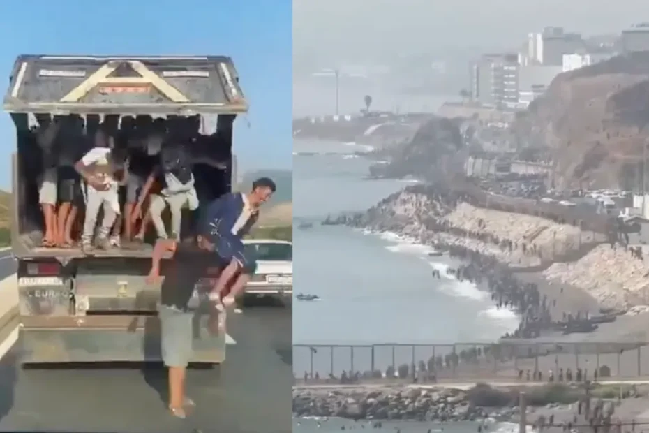 La frontiera tra Ceuta e il Marocco presidiata dai militari spagnoli durante la crisi migratoria