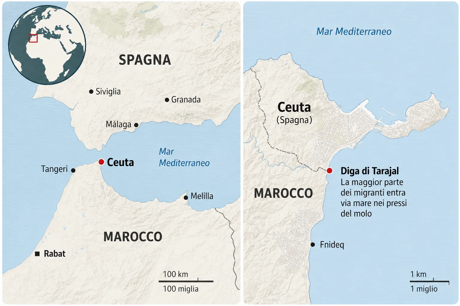 La frontiera tra Ceuta e il Marocco presidiata dai militari spagnoli durante la crisi migratoria