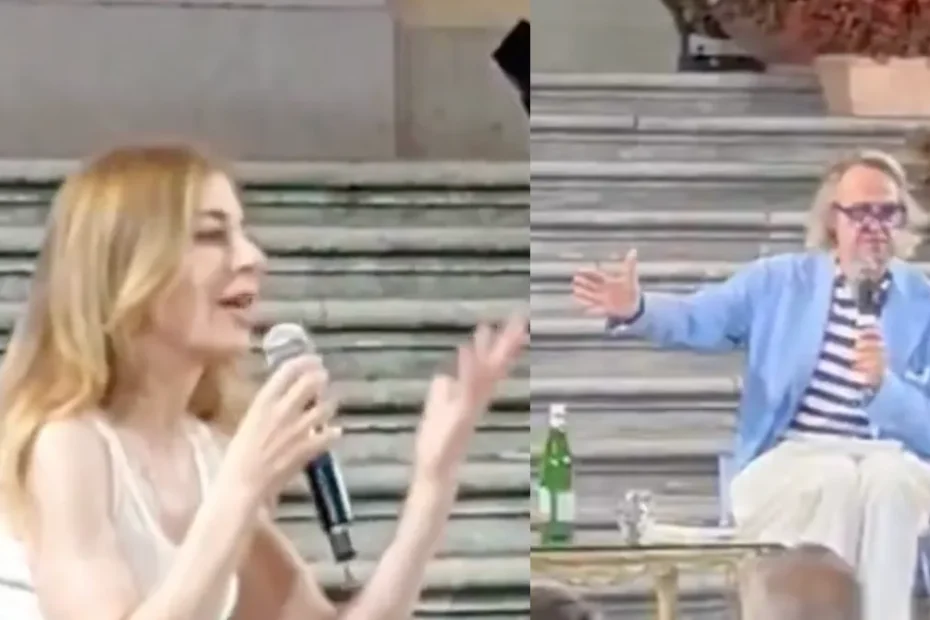 Francesca Fagnani, conduttrice del programma Belve, nel momento della risposta a Gigi Marzullo
