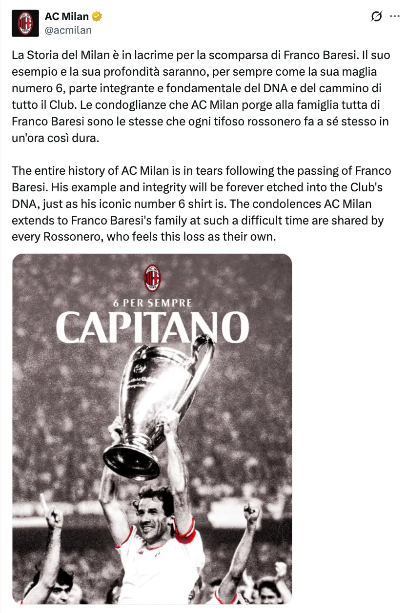 Franco Baresi è morto, il comunicato del Milan ufficiale