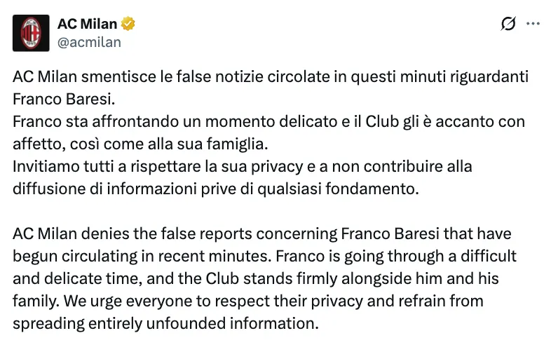Franco Baresi, il Milan smentisce con un comunicato ufficiale le false notizie sulla morte dell'ex capitano rossonero