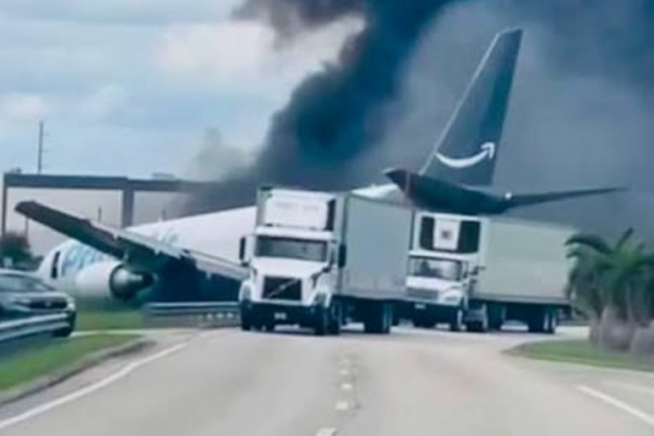 L'aereo cargo Amazon in fiamme dopo essere uscito di pista all'aeroporto di Miami