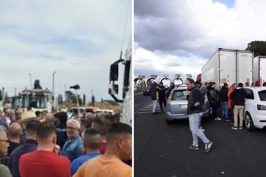 Una fila di camion fermi sul ciglio di una strada durante le proteste degli autotrasportatori contro il caro gasolio, mentre Unatras minaccia il fermo nazionale