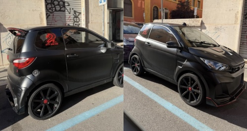 La minicar nera sequestrata dai carabinieri a Roma, con un adesivo a forma di serpente rosso sul cofano e una luce rossa sulla targa, riconosciuta grazie a un meccanico