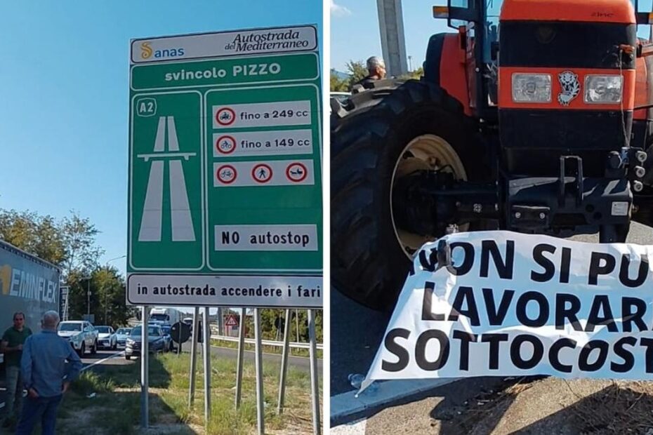 Trattori e manifestanti bloccano lo svincolo dell'A2 a Pizzo durante la protesta degli agricoltori calabresi