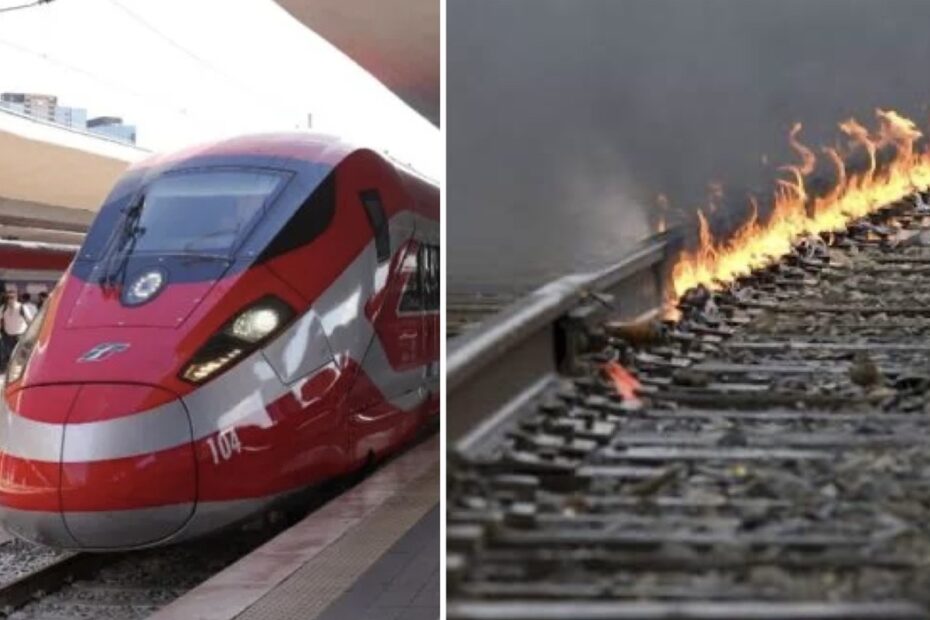 Vigili del fuoco al lavoro nei pressi dei binari tra Piacenza e Fiorenzuola dopo l'incendio che ha bloccato la linea ferroviaria