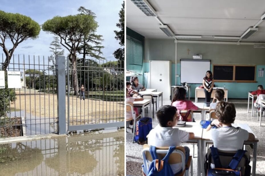 Pioggia battente davanti a una scuola: venerdì 9 ottobre scuole chiuse in diversi comuni per l'allerta meteo arancione in Campania