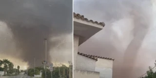 Una delle due trombe marine che si sono formate davanti al porto di Marsala il 9 ottobre 2026, prima di raggiungere la terraferma