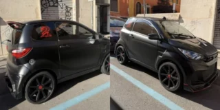 La minicar nera sequestrata dai carabinieri a Roma, con un adesivo a forma di serpente rosso sul cofano e una luce rossa sulla targa, riconosciuta grazie a un meccanico