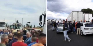 Una fila di camion fermi sul ciglio di una strada durante le proteste degli autotrasportatori contro il caro gasolio, mentre Unatras minaccia il fermo nazionale