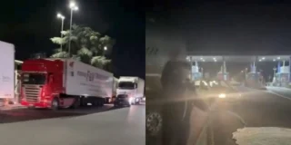 Camion fermi al casello di Nola, sull'autostrada A30, durante la protesta degli autotrasportatori contro il caro carburanti in Campania